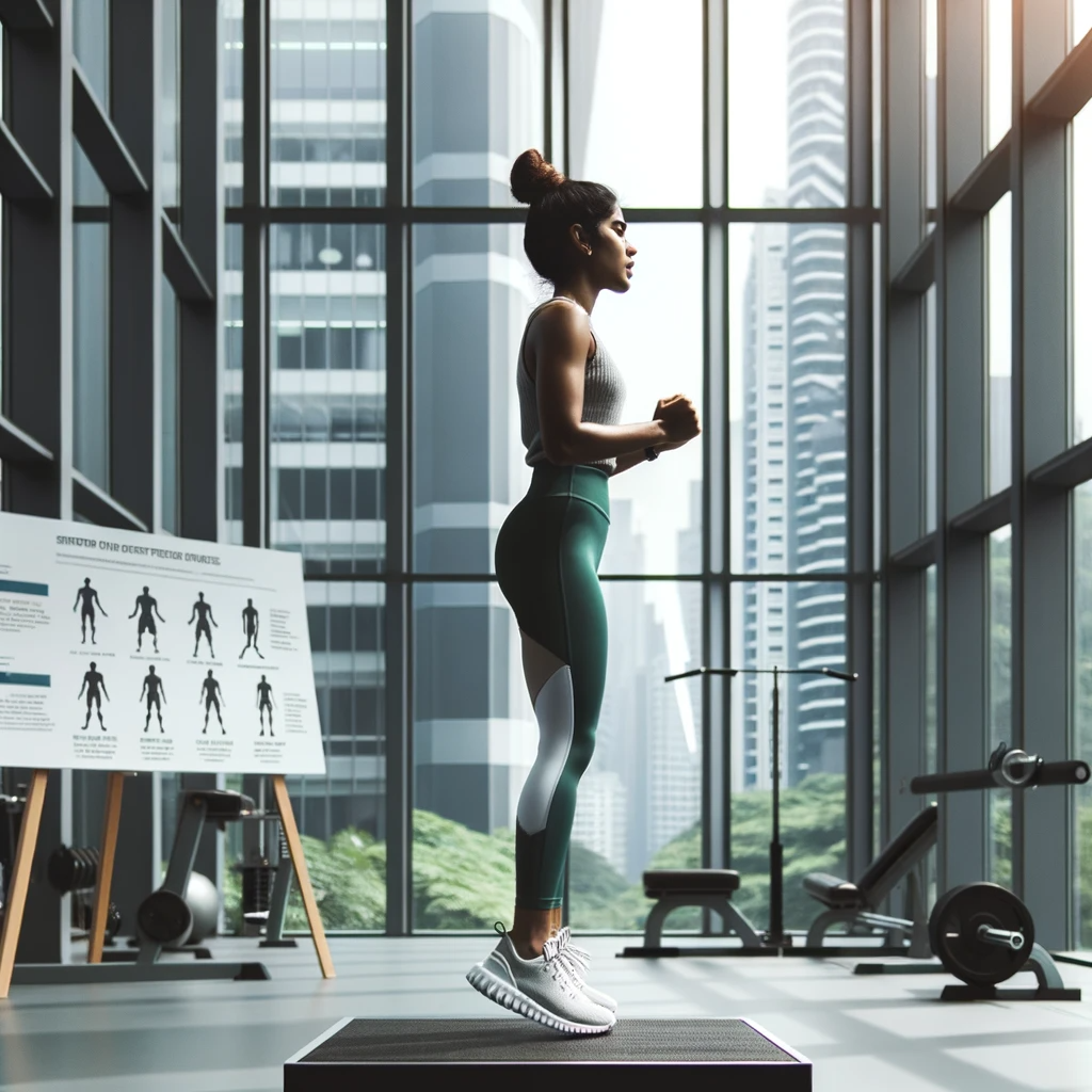 athlete performing a standing calf raise in a naturally lit gym.