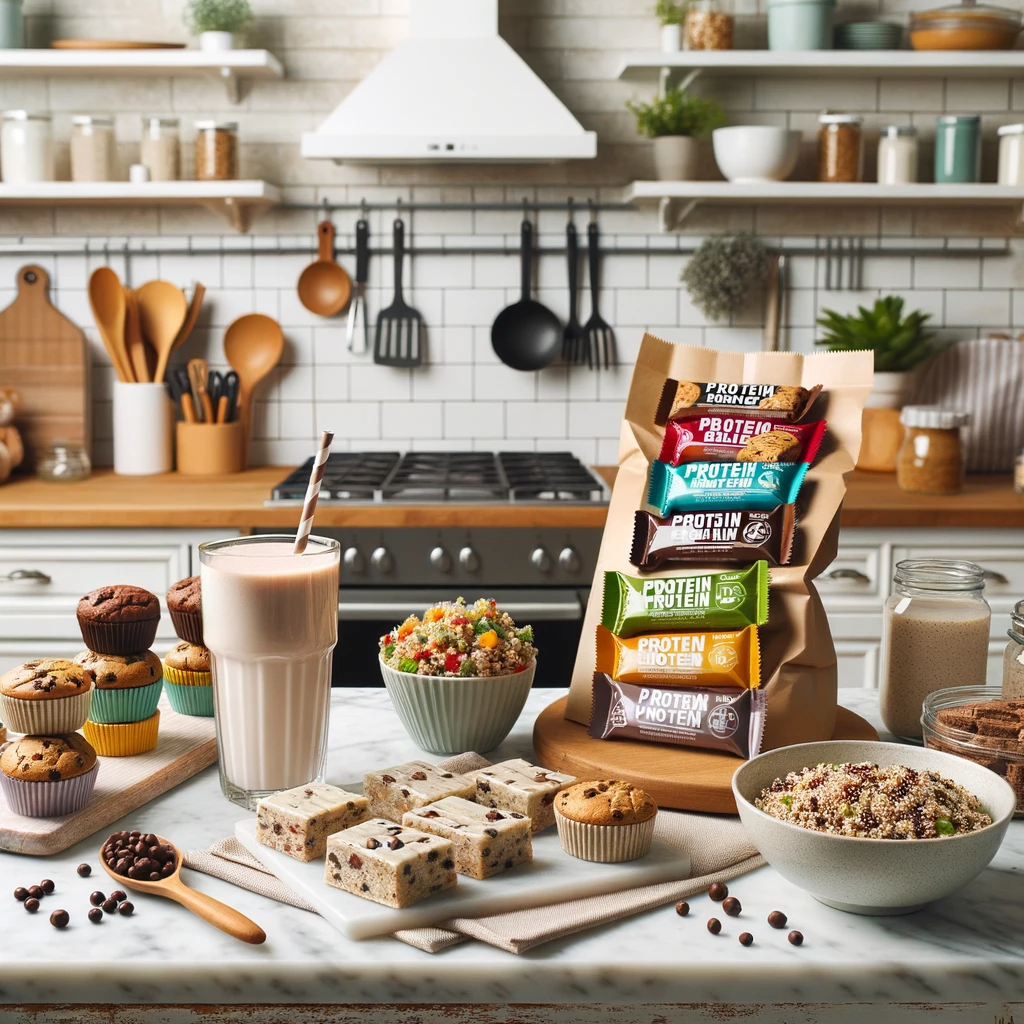 A variety of store-bought and homemade high-protein, low-fat snacks displayed on a kitchen counter. This sets the stage for the reader to explore different snack options.