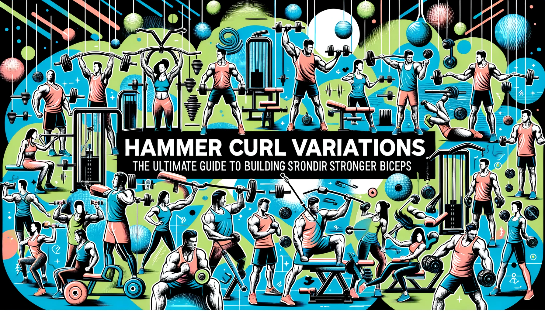 A diverse group of individuals performing various hammer curl variations with different gym equipment like dumbbells, resistance bands, and cable machines