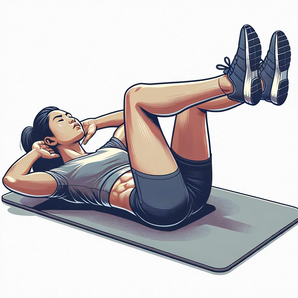 Illustration of an individual of Asian descent lying on their back on a fitness mat, getting ready to do oblique crunches