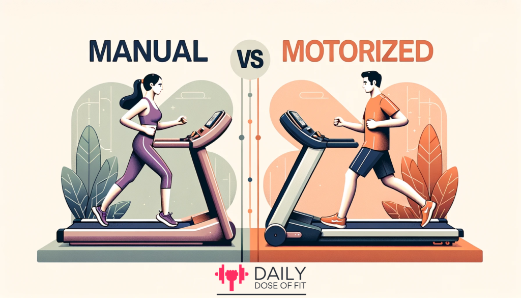 Side-by-side comparison of a person using a manual treadmill and another using a motorized treadmill.