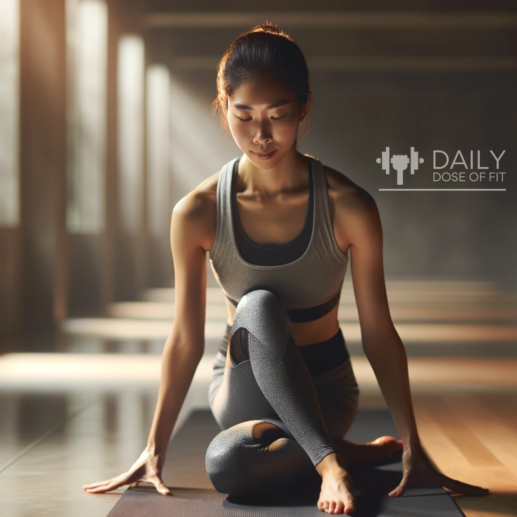 A person in a serene gym setting practicing mindfulness during exercise