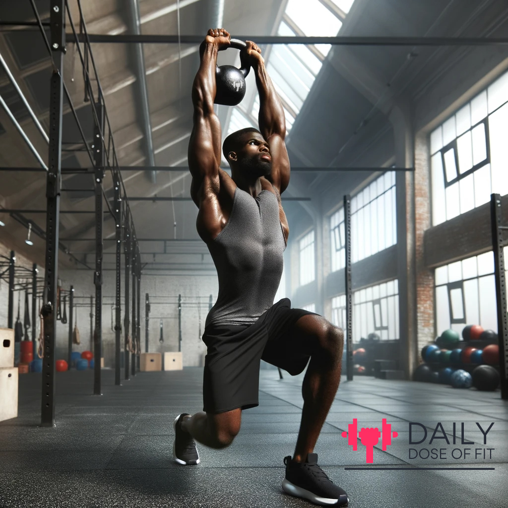 male athlete executing an overhead press with a kettlebell in a gym.