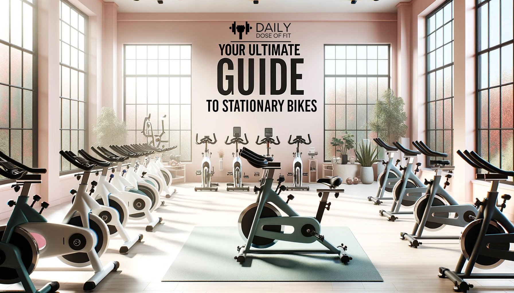 A room filled with various types of stationary bikes, including arm bikes, recumbent bikes, and spinner bikes, in a well-lit fitness setting.