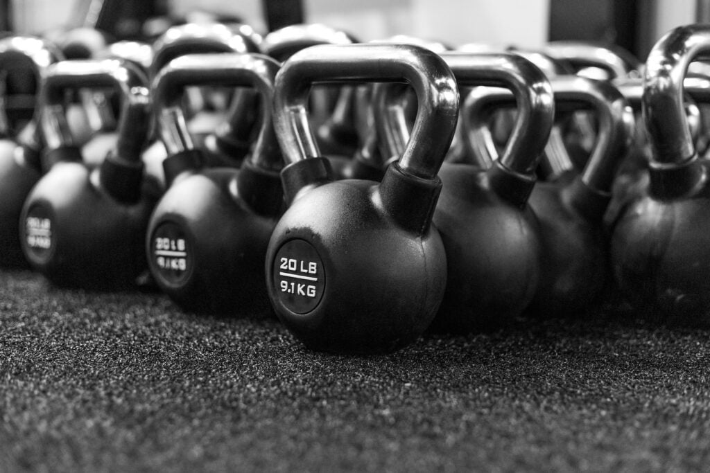 Assorted kettlebells for fitness training