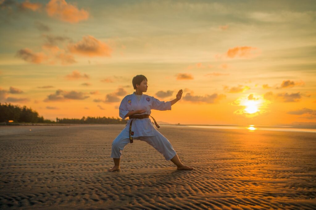 Martial Arts for Fitness: A practitioner demonstrating a high kick while training in a well-equipped dojo.