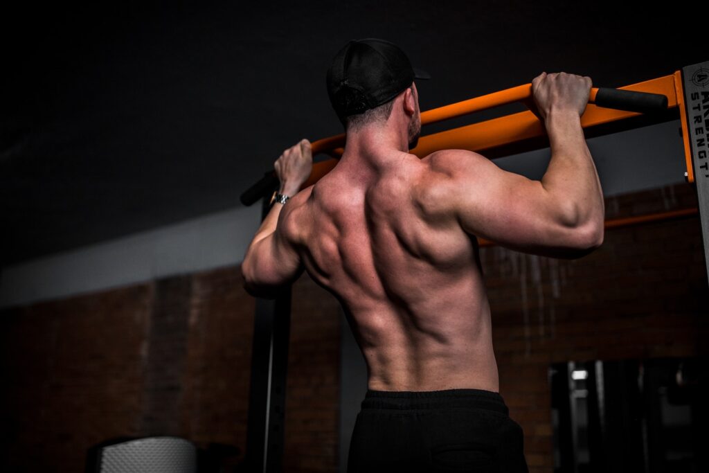 A person demonstrating perfect pull-up form on a pull-up bar, emphasizing upper body strength and correct posture.