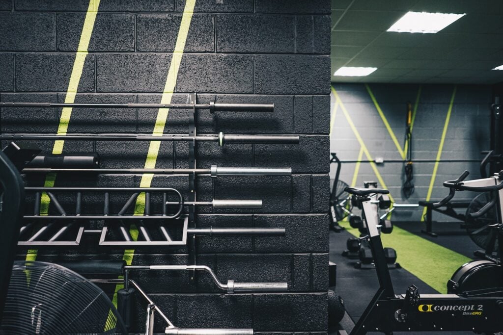 Assorted barbells arranged side by side.